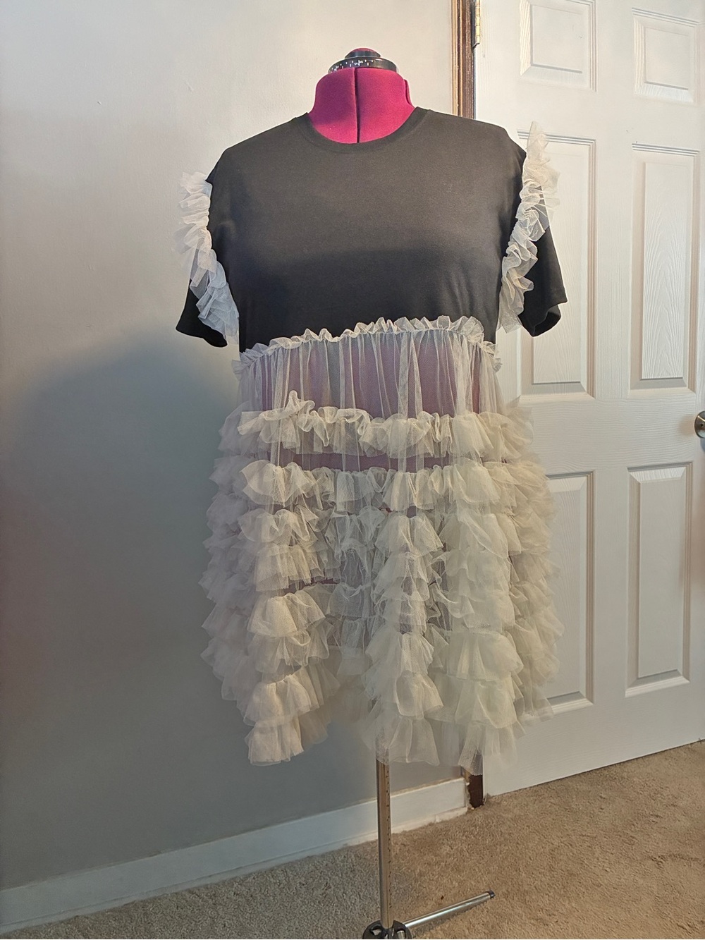 Black Tee tunic with Ivory Ruffled Tulle